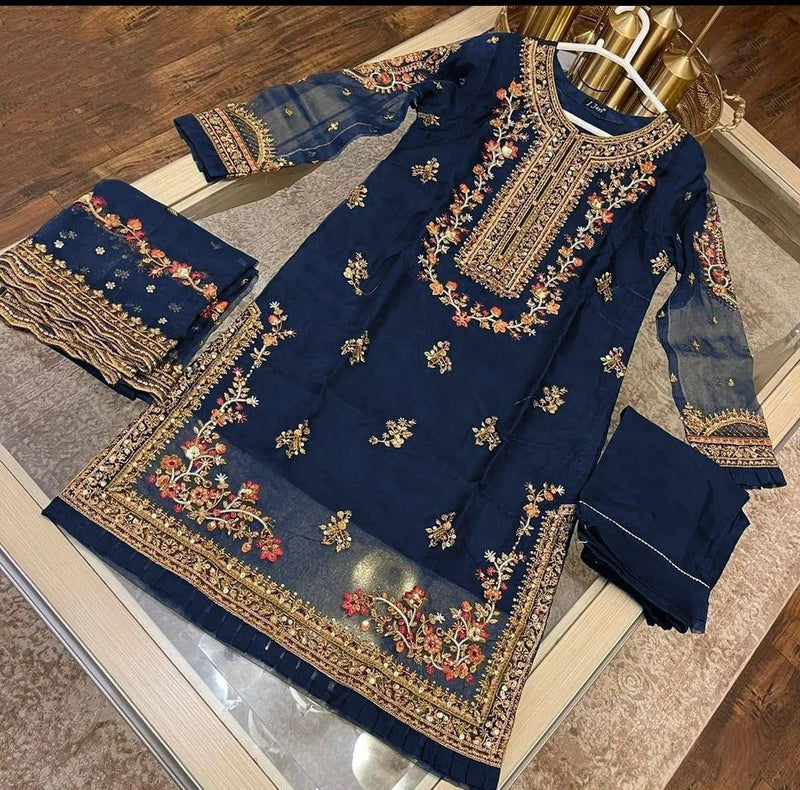 Stunning Blue Embroidered Organza Suit - 3 Pcs Women’s Stitched Outfit