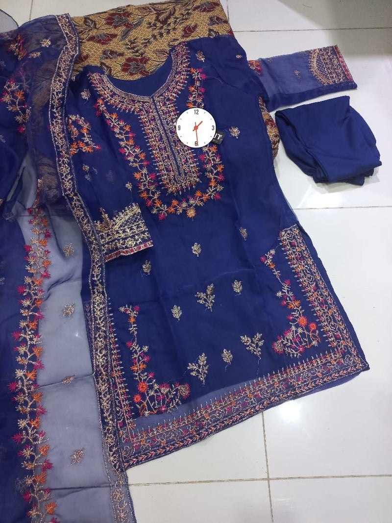 Stunning Blue Embroidered Organza Suit - 3 Pcs Women’s Stitched Outfit