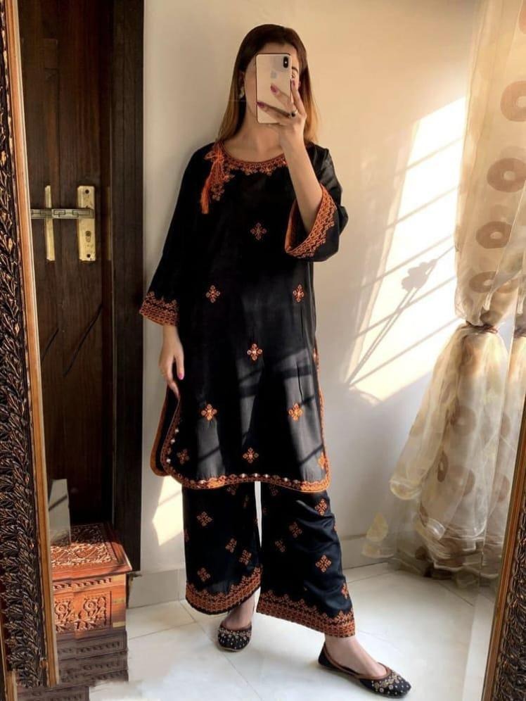 2 Pcs Women's Stitched Linen Embroidered Shirt And Trouser